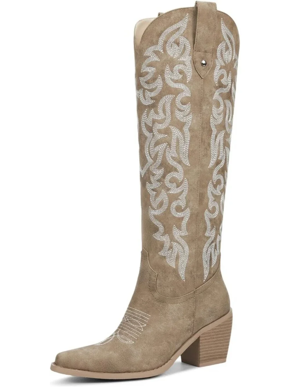 Women's Khaki Knee High Cowboy Boots Chunky Heel Leather Chunky Heel Pull